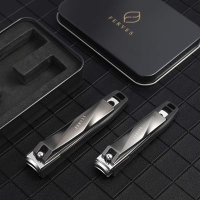 FERYES Nail Clippers with Catcher 2 PCS Set, No Splash Fingernail Clipper and Toenail Clipper, Stainless Steel Nail Cutters - WBlack Metal Case Packing