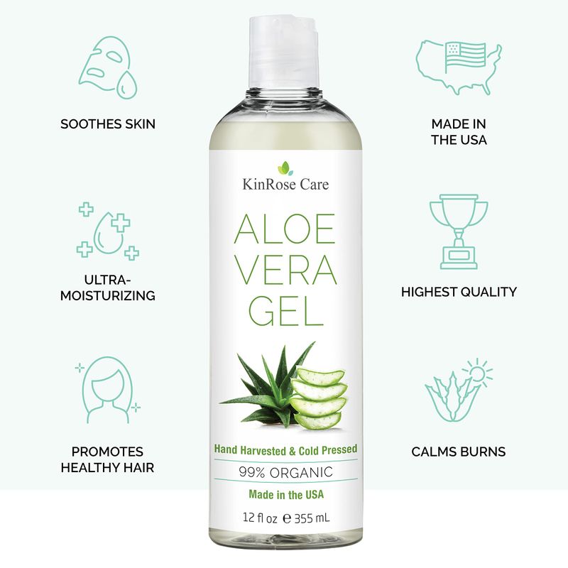 KinRose Care, 12oz Organic Aloe Vera Gel for Face, Skin, Hair &amp; Sunburn Relief - From 100 Percent Pure Aloe Vera - Cold Pressed, Vegan, Unscented - Made in USA.