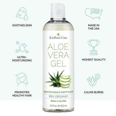 KinRose Care, 12oz Organic Aloe Vera Gel for Face, Skin, Hair &amp; Sunburn Relief - From 100 Percent Pure Aloe Vera - Cold Pressed, Vegan, Unscented - Made in USA.