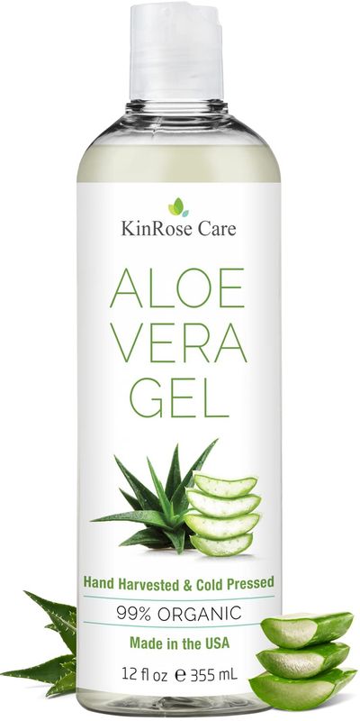 KinRose Care, 12oz Organic Aloe Vera Gel for Face, Skin, Hair &amp; Sunburn Relief - From 100 Percent Pure Aloe Vera - Cold Pressed, Vegan, Unscented - Made in USA.