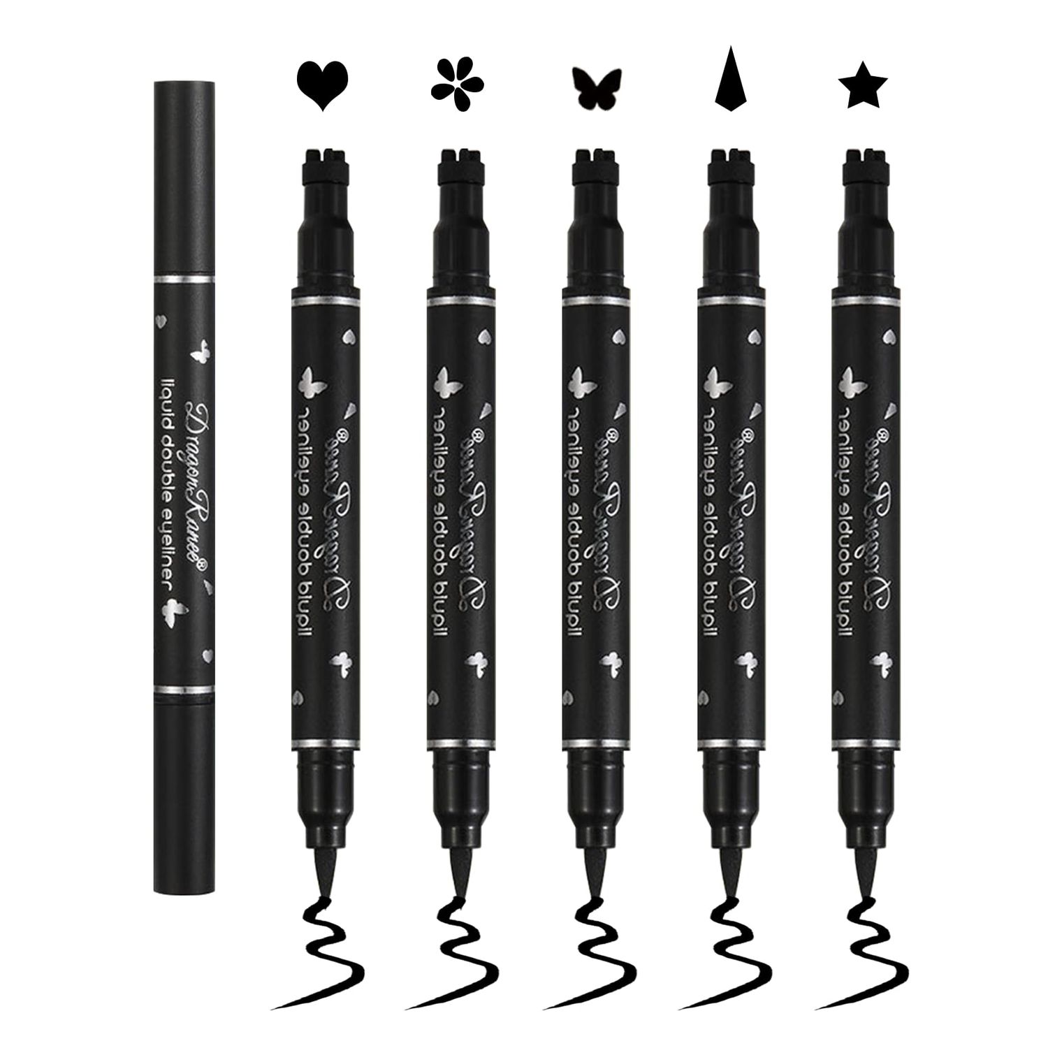 QIUFSSE 5Pcs Double-headed Liquid Eyeliner Stamp Pencil Set,Winged Eyeliner Stamp Pen Women Black Long-lasting delineador de ojos,(HeartFlowerStarButterflyCone) Shape Eye Liner Stamp