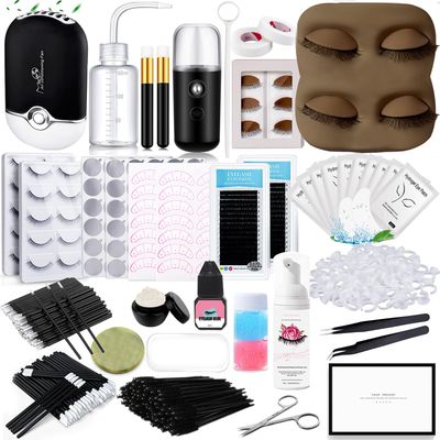 Lash Extension Kit for Beginners Lash Mannequin Head with Replaced Eyelids False Eyelashes Practice Eyelash Strips Facial Mister Tweezers Glue USB Fan Professional Set