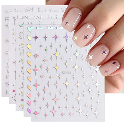 JMEOWIO 12 Sheets Aurora Nail Art Stickers Decals Self-Adhesive Pegatinas Uas Glitter Holographic Star Heart Nail Supplies Nail Art Design Decoration Accessories
