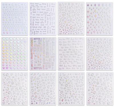 JMEOWIO 12 Sheets Aurora Nail Art Stickers Decals Self-Adhesive Pegatinas Uas Glitter Holographic Star Heart Nail Supplies Nail Art Design Decoration Accessories