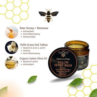 Terra Lotus Organic Grass-Fed Beef Tallow Balm with Raw Honey - Moisturizing Cream for Soft, Smooth Skin - Handmade All-Natural Moisturizer - 2oz (Lavender)