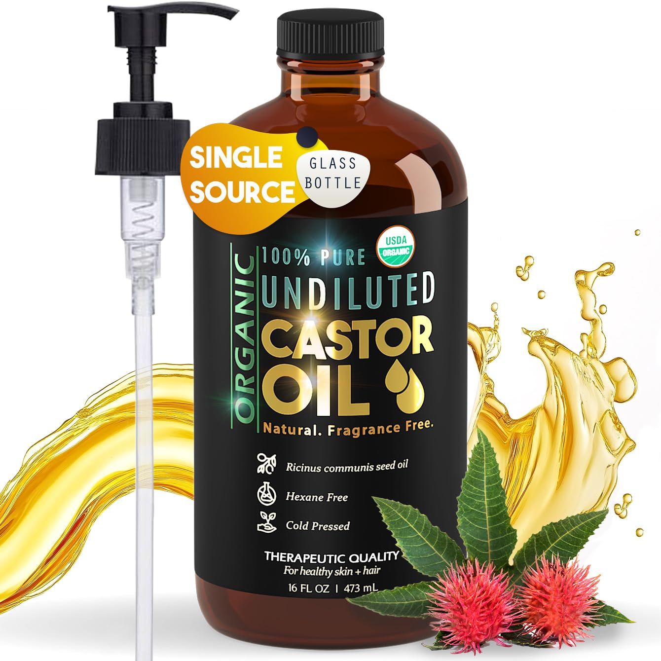 Pure Organic Castor Oil, Cold Pressed, Glass Bottle, USDA Certified Organic, Unrefined, Hexane Free, Therapeutic, Super Rich Hydration for Hair and Skin - 16 oz - Balm of Gilead