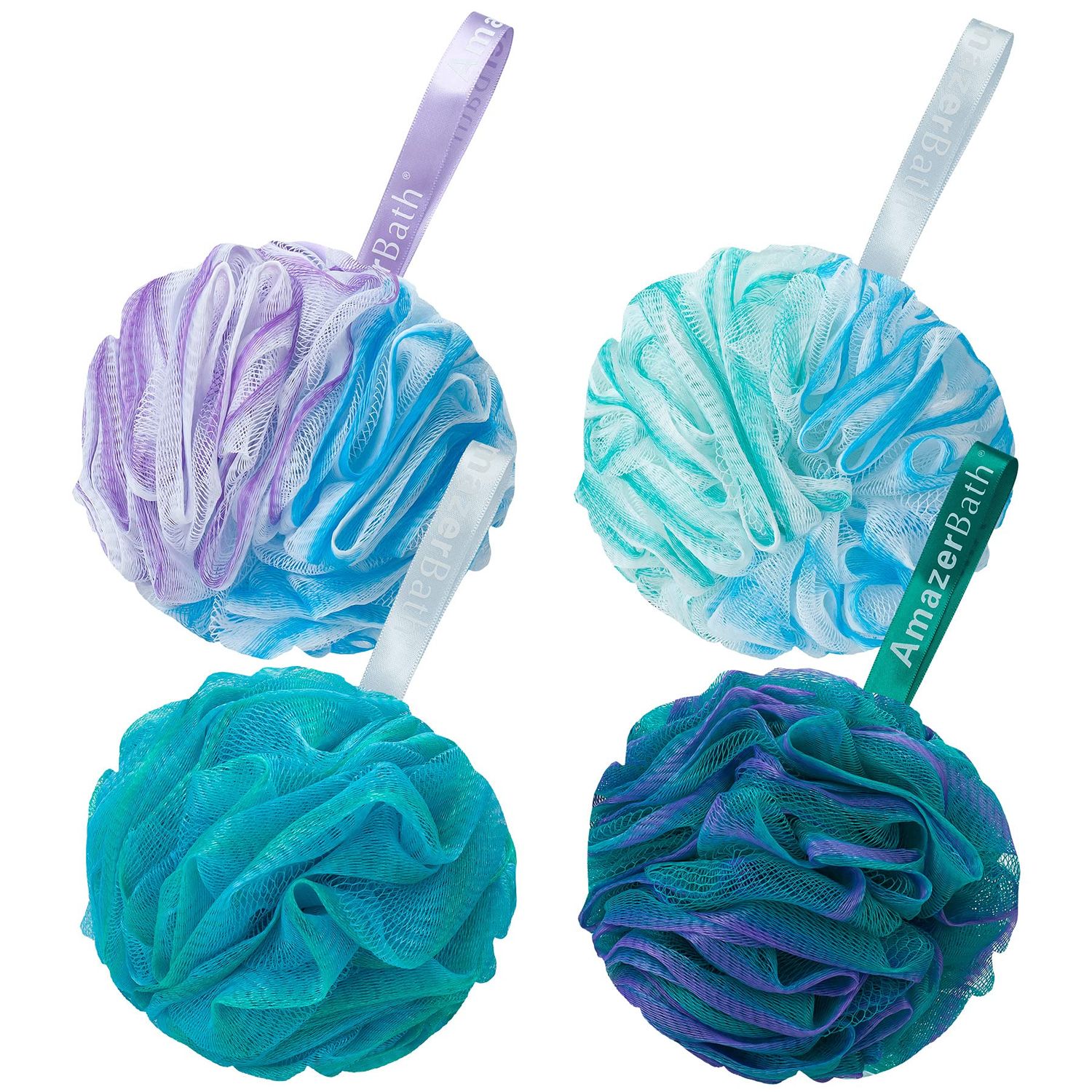 AmazerBath Loofah Sponge 75gPiece, Exfoliating Bath Sponge Body Scrubber - Loofa Set of 4 Flower Color (Large, Green-Purple)