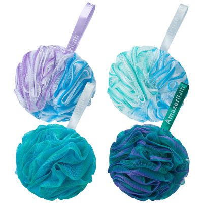AmazerBath Loofah Sponge 75gPiece, Exfoliating Bath Sponge Body Scrubber - Loofa Set of 4 Flower Color (Large, Green-Purple)