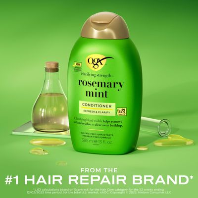 OGX Clarifying Strength Rosemary Mint Conditioner, Clarifying Conditioner Visibly Helps Remove Oil & Residue to Clear Away Buildup from Oily Hair, Sulfate-Free Surfactants, 13 fl. oz