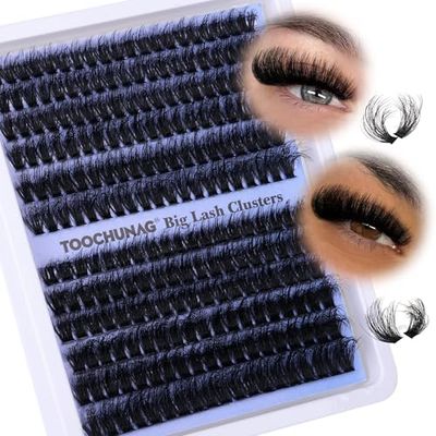 TOOCHUNAG Fluffy Lash Clusters Volume Individual Lashes Wispy 14-20mm Cluster Eyelash Extensions D Curl Thick Long Eyelash Clusters for DIY Lash Extension at Home