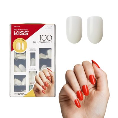 KISS 100 Full Cover Fake Nails Manicure Kit, 10 Sizes, 5 Manicures, Medium Length, Active Oval, 100 Nails