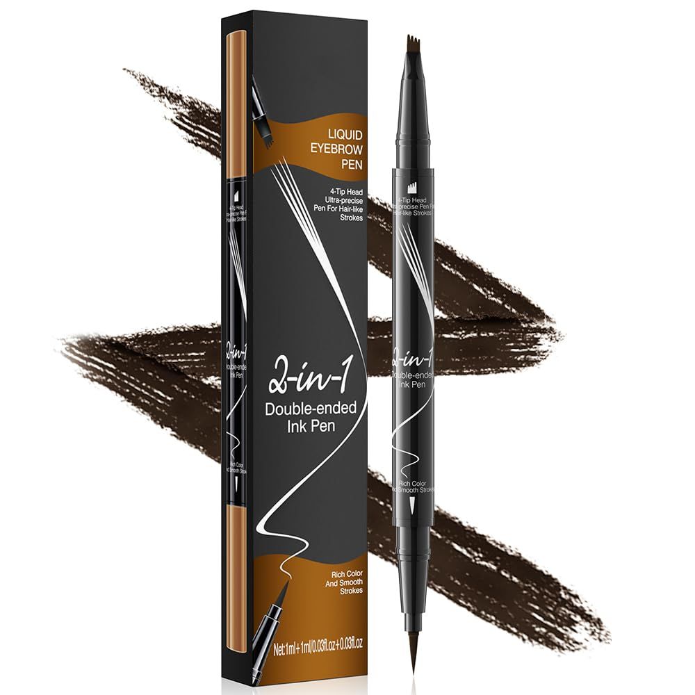 Pinkiou Eyebrow Pen Microblading Eyebrow Pencil - 2 in 1 Twin-ended Eyebrow Pencil with 4-Fork-Tips and Precision Brush,Dark Brown