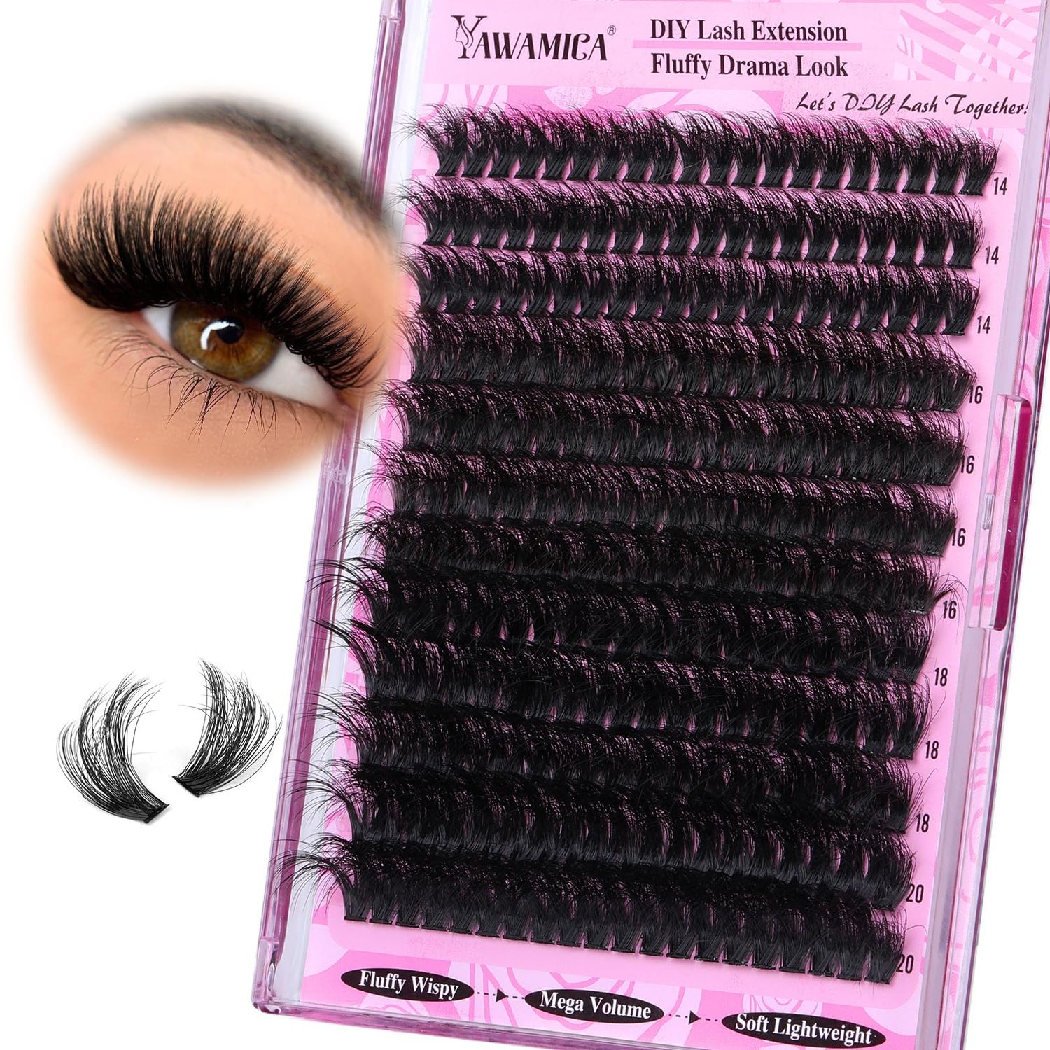 Yawamica Fluffy Lash Clusters Thick 200D Volume Eyelash Clusters 14-20mm Wispy Individual Lashes D Curl Cluster Eyelash Extensions 240pcs DIY Lash Extension for Beginners