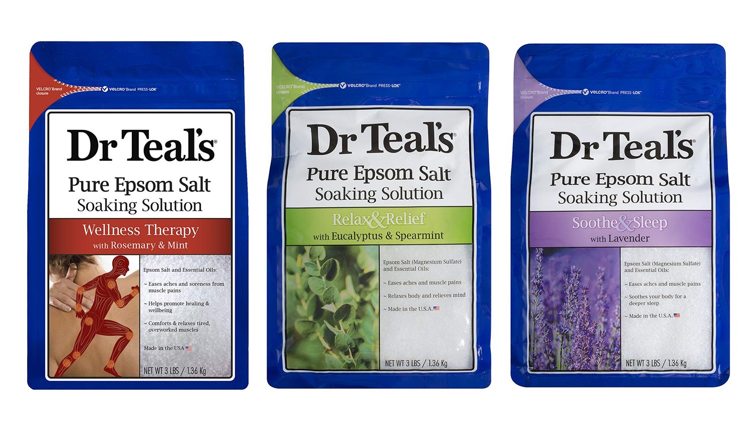 Dr. Teal&#39;s Pure Epsom Salt Soaking Solution Gift Set (3 Pack, 3lbs ea.) - Soothe &amp; Sleep Lavender, Relax &amp; Relief Eucalyptus with Spearmint, Wellness Therapy with Rosemary &amp; Mint - Relaxes The Body