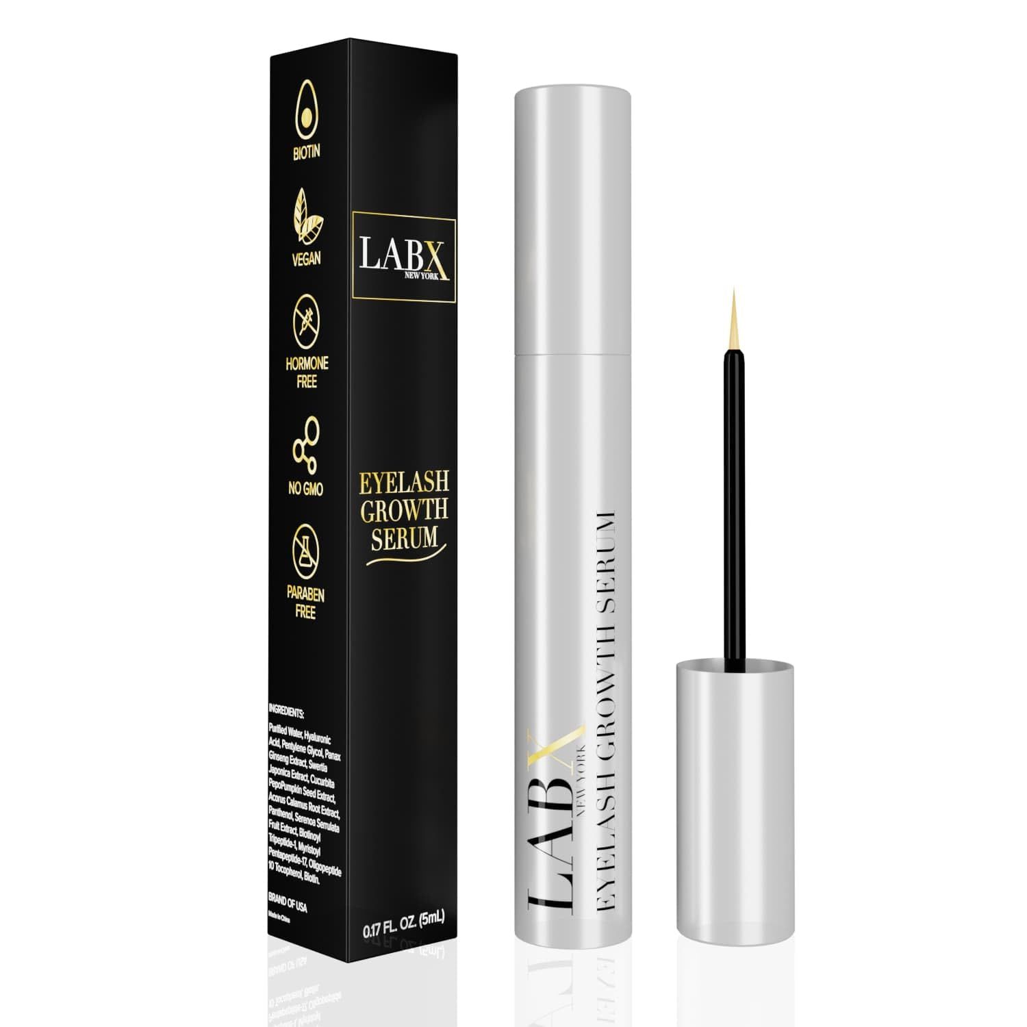 LABX NEW YORK Eyelash Growth Serum - For Healthier &amp; Stronger Lashes, Natural Lash Serum for Eyelash Growth - Safe Formula Eye Lash Serum, Lash Growing Serum, Lash Enhancing Serum - 0.17 Fl. Oz., 5 mL