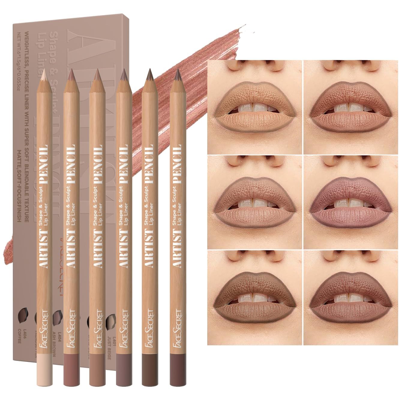 Beauty Glazed 6pcs Nude Brown Lip Liner Makeup Set - Waterproof &amp; Smudge-Proof Matte Pencil, Long-Lasting &amp; Durable, Smooth &amp; Easy Glide, Non-Smudge, Contouring, Filling &amp; Layering (NUDE-BROWN Set)