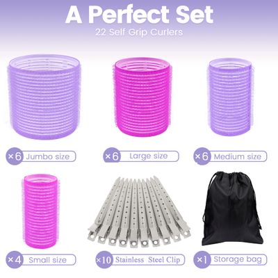 33 Piece Hair Rollers set, Self Grip Hair Rollers for Long Medium Short Hair, ELASO Large Medium Hair Curler 22 Rollers  10 Stainless steel Clip 1 Storage Bag