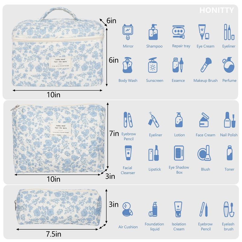 Makeup Bag,Quilted Cosmetic Bag,Large Floral Make Up Bag for Women,Cotton Makeup Bag Set,Flower Travel Toiletry Bag