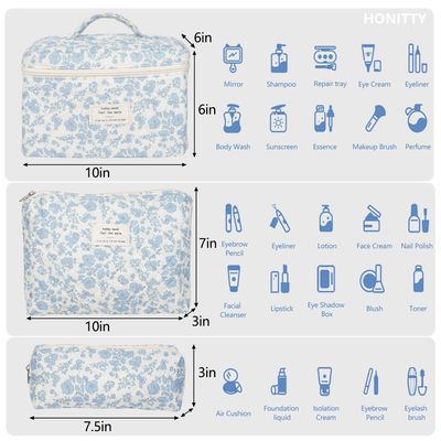 Makeup Bag,Quilted Cosmetic Bag,Large Floral Make Up Bag for Women,Cotton Makeup Bag Set,Flower Travel Toiletry Bag