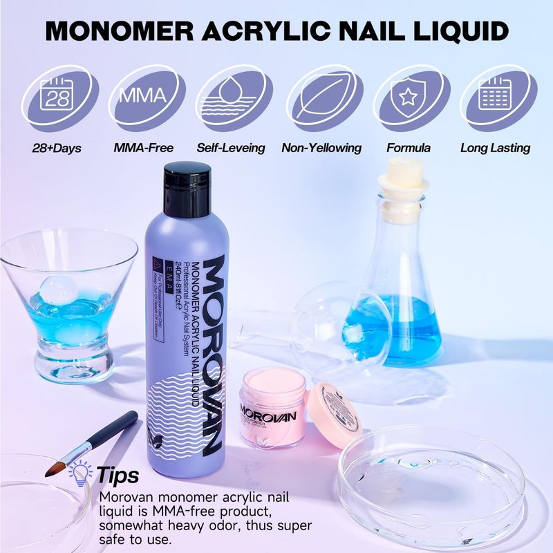Morovan Monomer Acrylic Nail Liquid 8oz for Acrylic Powder - Professional Monomer Acrylic Nail Liquid For Acrylic Nail Extension Non-Yellowing MMA-Free