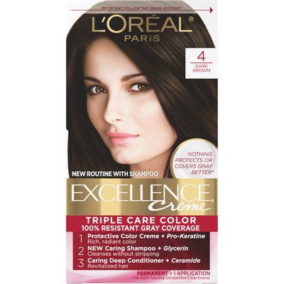 L&#39;Oreal Paris Excellence Creme Permanent Hair Color, 4 Dark Brown, 100 percent Gray Coverage Hair Dye, Pack of 1