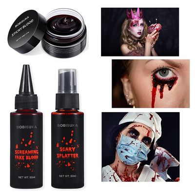 BOBISUKA 3PCS Halloween Fake Blood Makeup Kit - Coagulated Blood 1.41oz Fake Blood Spray 1.76oz Dripping Blood 1.76oz, Realistic Washable SFX Makeup for Zombie Monster Mouth Clothes Dress Up
