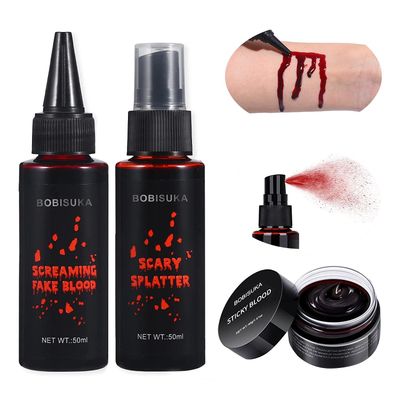 BOBISUKA 3PCS Halloween Fake Blood Makeup Kit - Coagulated Blood 1.41oz  Fake Blood Spray 1.76oz  Dripping Blood 1.76oz, Realistic Washable SFX Makeup for Zombie Monster Mouth Clothes Dress Up