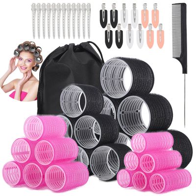 50Piece Hair Rollers Set, Self Grip Hair Rollers for Long Medium Short Hair, 4 Sizes of Hair Rolls(6 Jumbo  6 Large  6 Medium  6 Small  1 Storage Bag), and 24Pcs Hair Clips1Pcs Comb