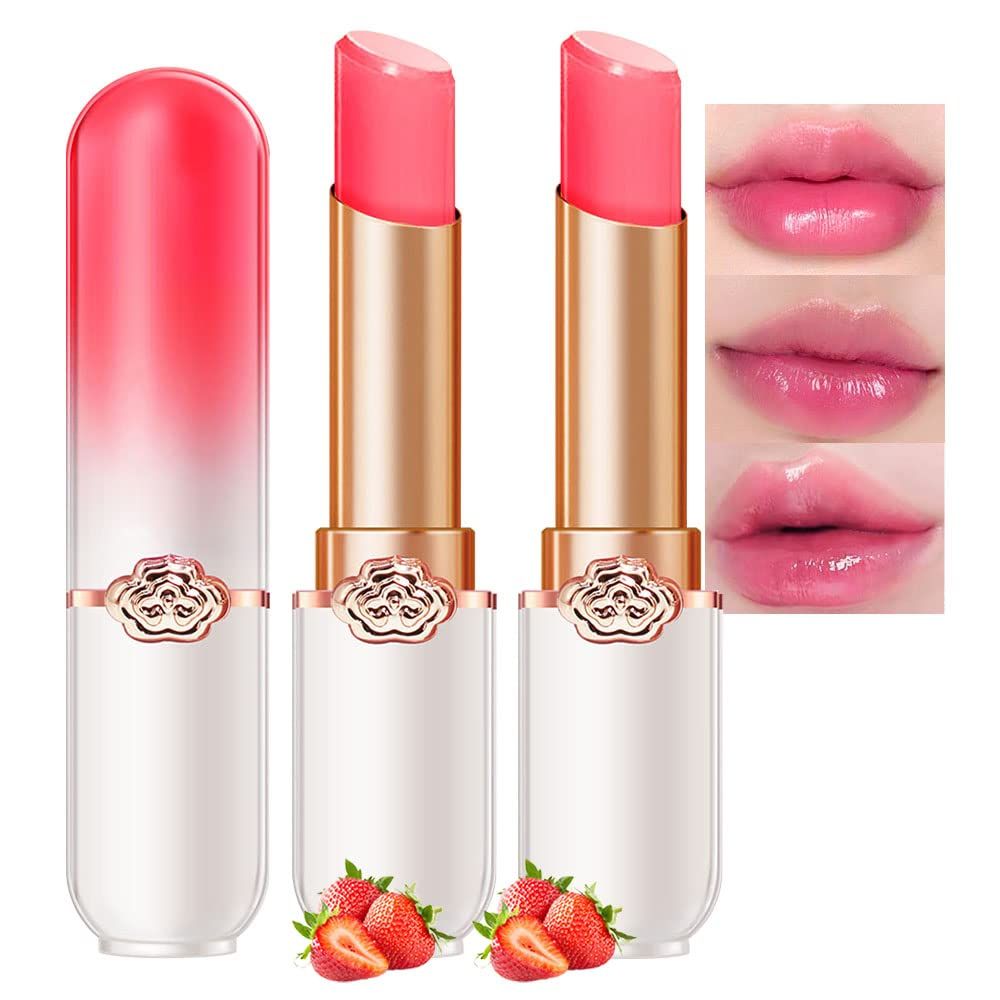 BINGBRUSH 2 Pcs Strawberry Color Changing Lipstick Queen,PH Mood Long Lasting Labiales Lip Gloss Lip Balm Tinted Magic Lip Stain Makeup Moisturize Lipstick Set for Women