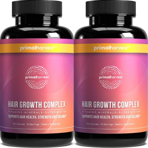 Primal Harvest Hair Growth Vitamins, 2 Pack - 120 Pills, Natural Hair Regrowth, Thickening, and Supplement for Men &amp; Women with Biotin &amp; Zinc