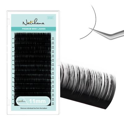 NATUHANA Round Eyelash Extension 0.10mm C Curl 11mm Single Size Tray Classic Volume Matte Black Individual Lashes 16 Rows, Professional Supplies for Lash Techs(11mm, 0.10 C)