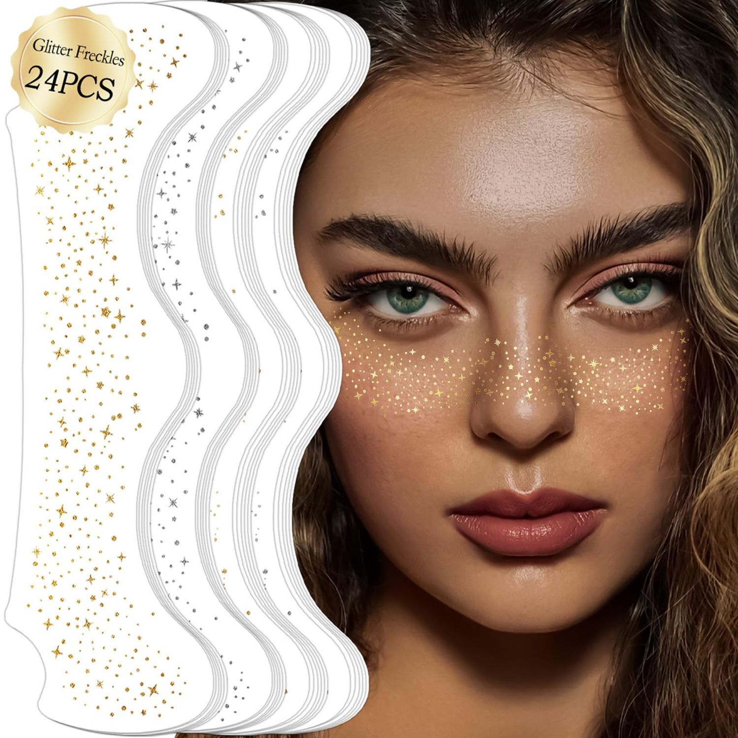 24pcs Gold and Silver Sparkle Freckles, Glow Up Makeup Patches, Glitter Freckles Face Tattoo, Face Glitter Makeup Speckles, Waterproof Cosmetic Glitter Makeup Accessories for Women