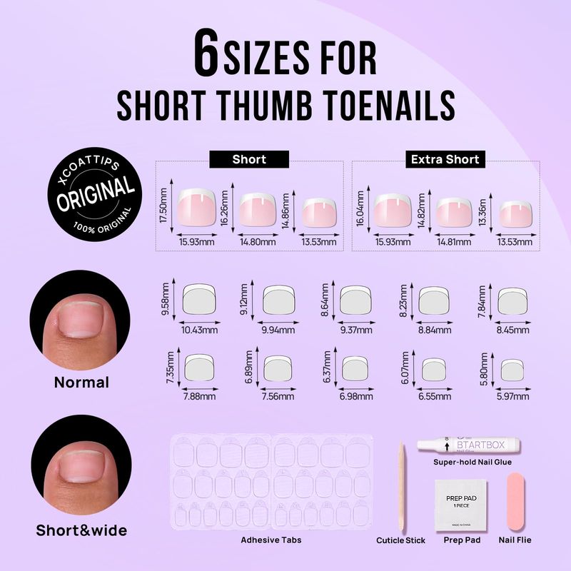 BTArtbox Press on Toenails Short, Christmas White French Tips Toenail Press Ons Square for Women, Light Weight Press on Toe Nails with Glue, Fake Toenails in 16 Sizes- 32 Toenails Kit, Timeless Grace