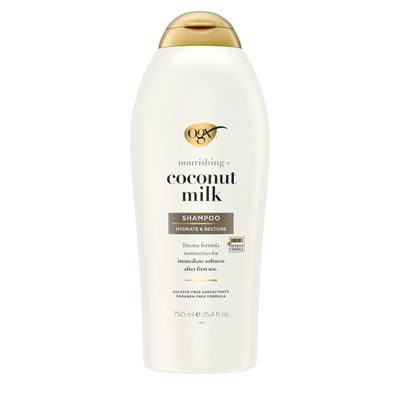 OGX Nourishing  Coconut Milk Shampoo, Hydrating &amp; Restoring Shampoo Moisturizes for Soft Hair After the First Use, Paraben-Free, Sulfate-Free Surfactants, 25.4 fl. oz