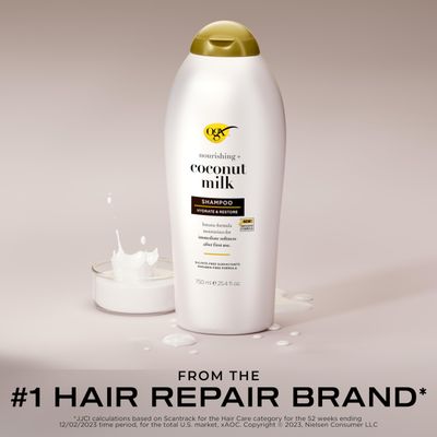 OGX Nourishing Coconut Milk Shampoo, Hydrating & Restoring Shampoo Moisturizes for Soft Hair After the First Use, Paraben-Free, Sulfate-Free Surfactants, 25.4 fl. oz