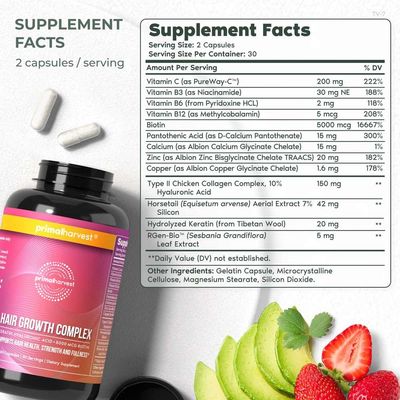Primal Harvest Hair Growth Vitamins, 2 Pack - 120 Pills, Natural Hair Regrowth, Thickening, and Supplement for Men &amp; Women with Biotin &amp; Zinc
