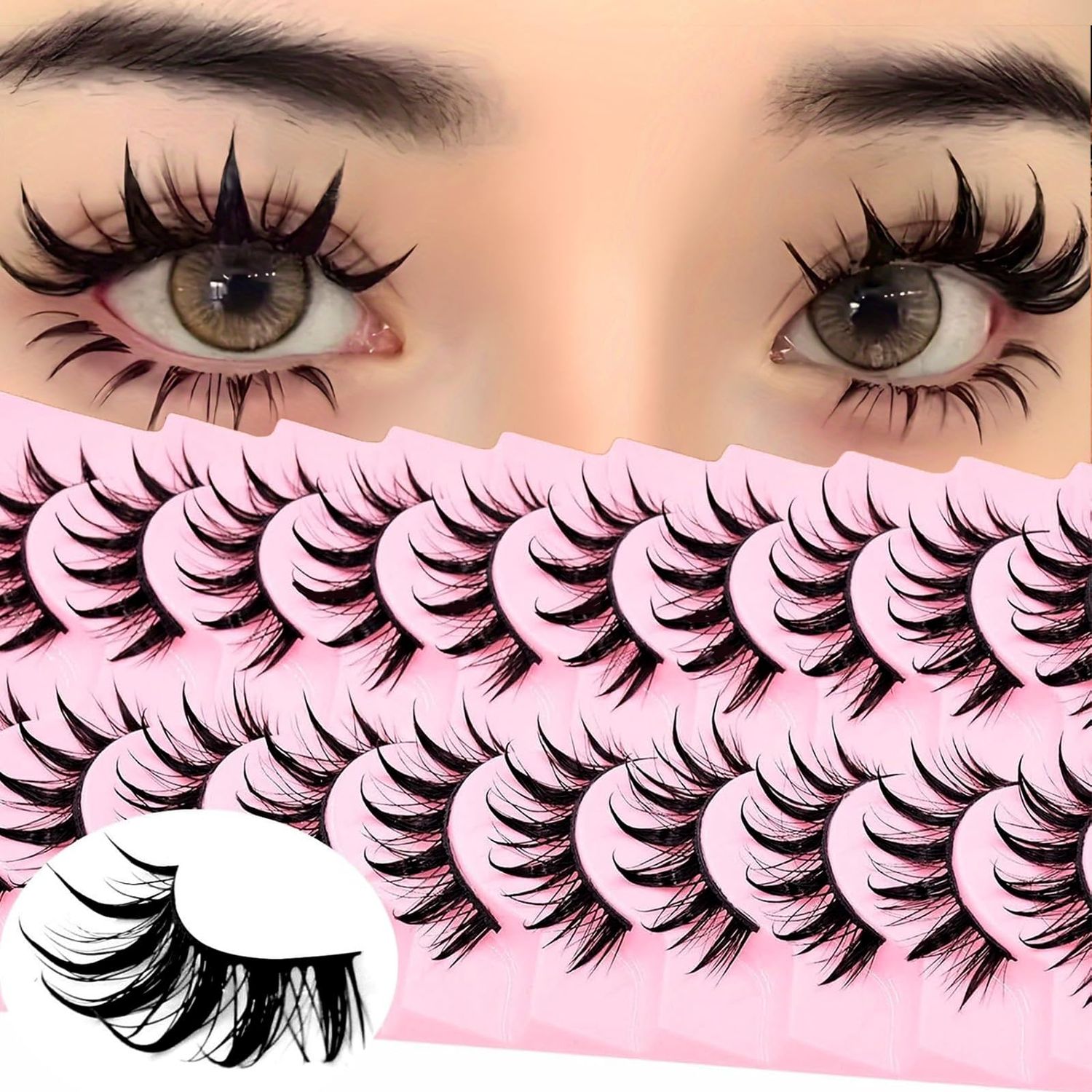 AUGENLI 10 Pairs Manga Lashes Natural Look Wispy Clusters 16mm Spiky Style Japanese Anime Cosplay Cat Eye Lashes Extension Makeup Faux Mink False Eyelashes (A0)