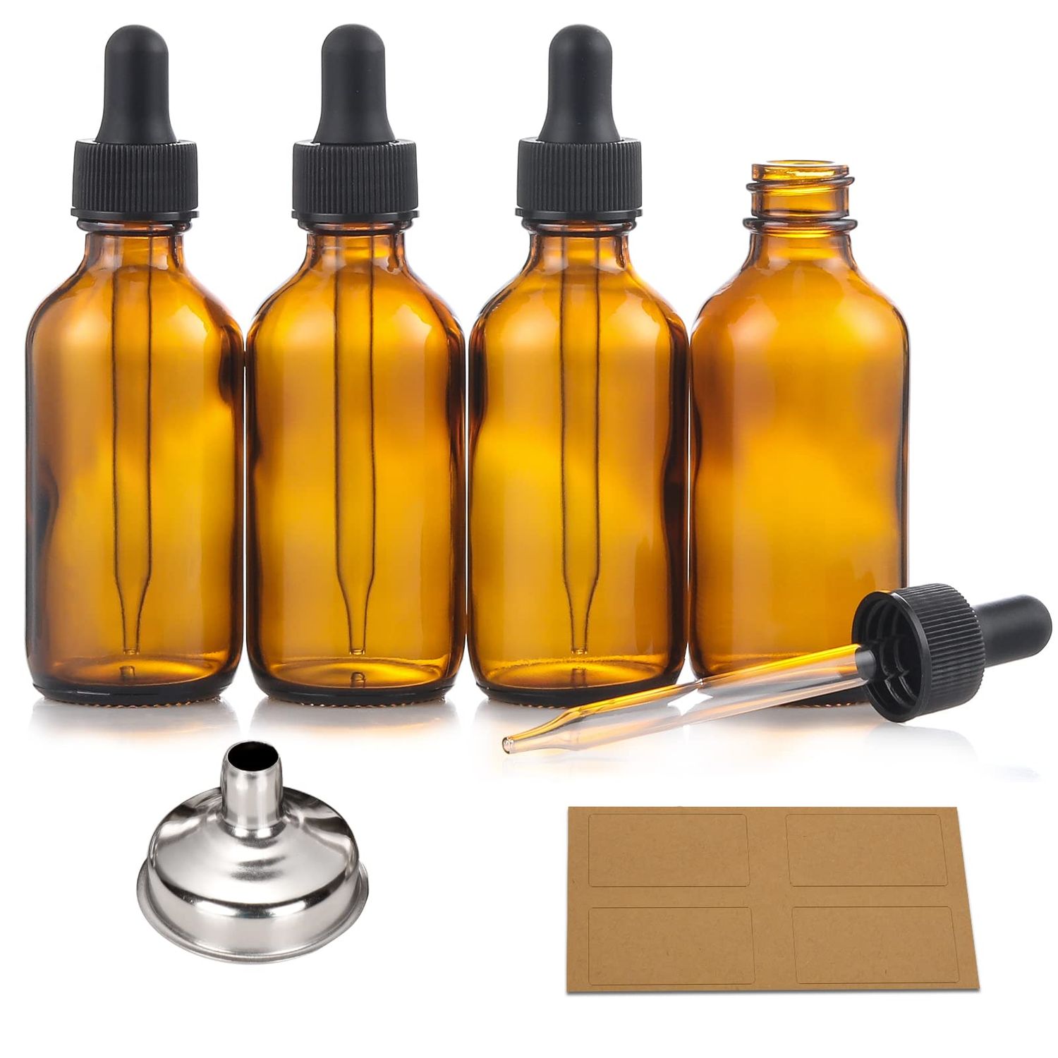 AOZITA 4 Pack, 2 oz Dropper Bottles with 1 Funnel &amp; 4 Labels - Essential Oils Bottles for Health, Personal Care &amp; Beauty - 60ml Thick Dark Amber Glass Tincture Bottles with Eye Droppers, Leakproof