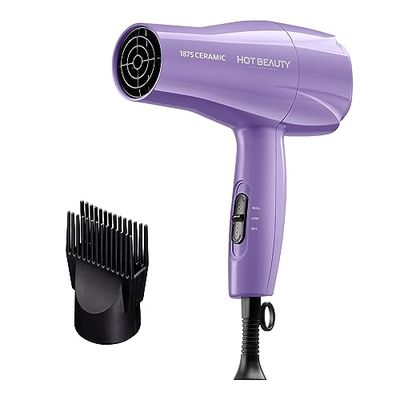Hot Beauty 1875 Ceramic Hair Dryer, Powerful Fast Drying, Multi-Setting with Comb Attachment, Additional Detangler Included, Slide Bar Switch, Compact for Home &amp; Travel (Purple)