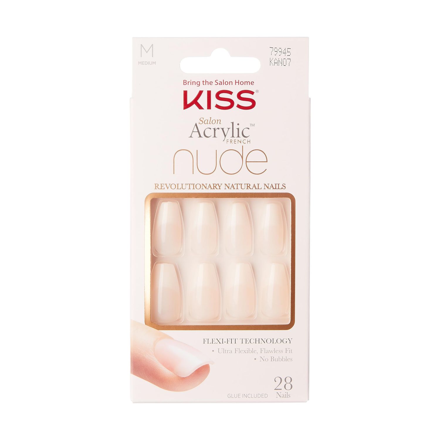 KISS Salon Acrylic French Manicure Set, Leilani, Medium Length, Nude Square Press-On Nails, Includes Pink Gel Nail Glue 0.07 Oz, Mini Nail File, Manicure Stick, and 28 Fake Nails, 31 Piece Set