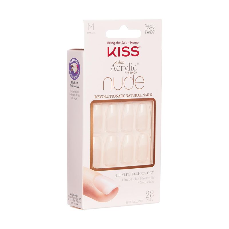 KISS Salon Acrylic French Manicure Set, Leilani, Medium Length, Nude Square Press-On Nails, Includes Pink Gel Nail Glue 0.07 Oz, Mini Nail File, Manicure Stick, and 28 Fake Nails, 31 Piece Set
