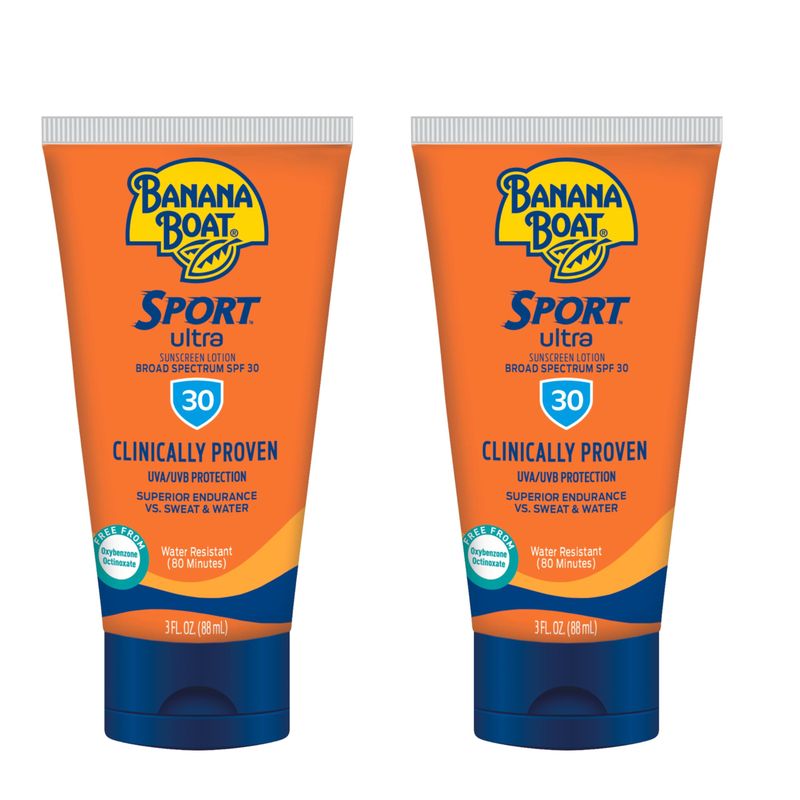 Banana Boat Sport Ultra Sunscreen Lotion SPF 30, Travel Size 3oz Twin Pack, Sweat &amp; Water Resistant Sunblock for Active Lifestyle(Pack of 2)