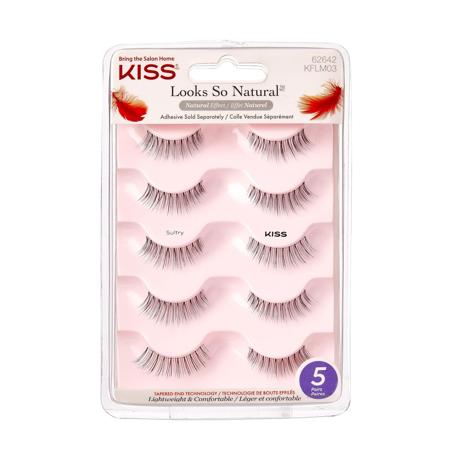 KISS Looks So Natural, False Eyelashes, &#39;Sultry&#39;, 12 mm, Includes 5 Pairs Of Lashes, Contact Lens Friendly, Easy to Apply, Reusable Strip Lashes, Glue-On