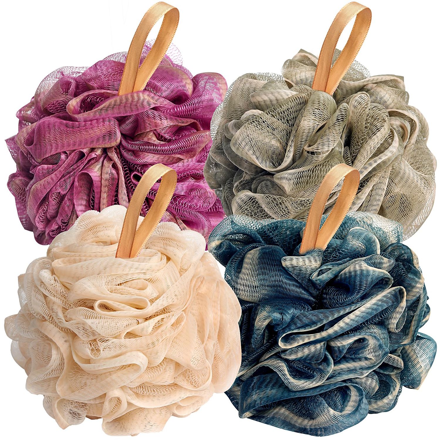 Fishent Loofah Bath Sponge Shower Loofahs, 4 Pack Soft Loofa Exfoliating Body Scrubber Mesh Shower Puff Pouf Ball Luffa for Men and Women(50gpcs)