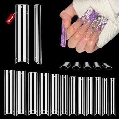 Quaferen Clear Square Nail Tips, 504PCS 3XL Long No C Curve Nail Tips Square, Half Cover Flat Tapered Square Straight Gel Acrylic Nail Tips False Nails for DIY Nail Art Salon