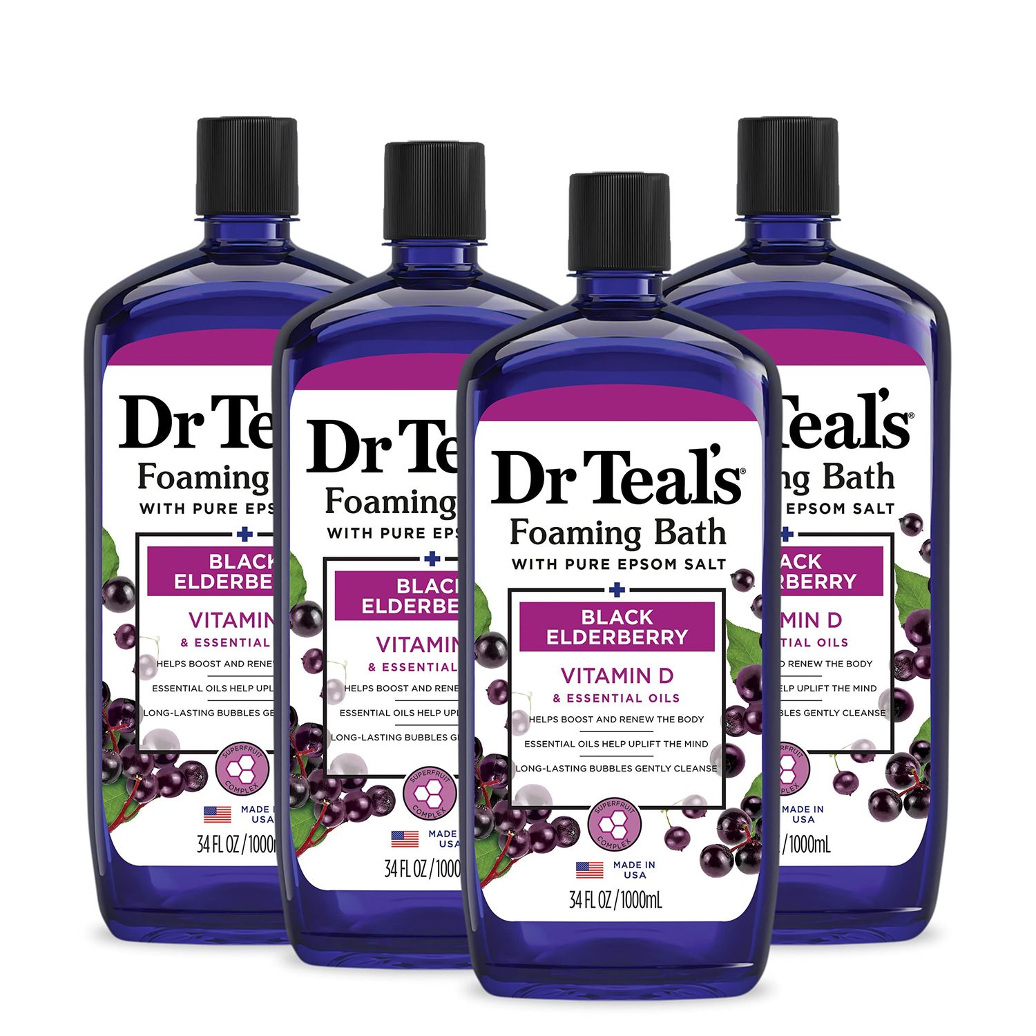 Dr Teal&#39;s Foaming Bath with Pure Epsom Salt, Black Elderberry with Vitamin D, 34 fl oz (Pack of 4) (Packaging May Vary)