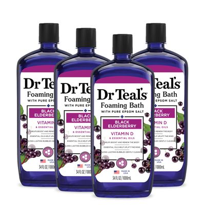 Dr Teal&#39;s Foaming Bath with Pure Epsom Salt, Black Elderberry with Vitamin D, 34 fl oz (Pack of 4) (Packaging May Vary)