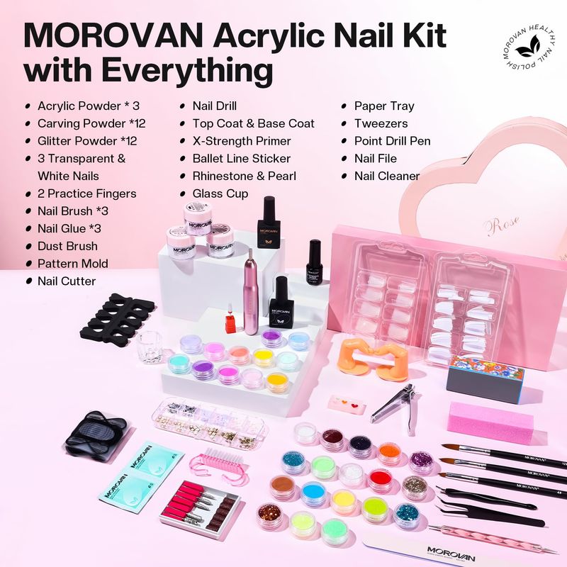 Morovan Acrylic Nail Kit for Beginners Nail Kit Acrylic Set with Professional Acrylic Powder Glitter Full Acrylic Nail Starter Kit for Nail Extensions