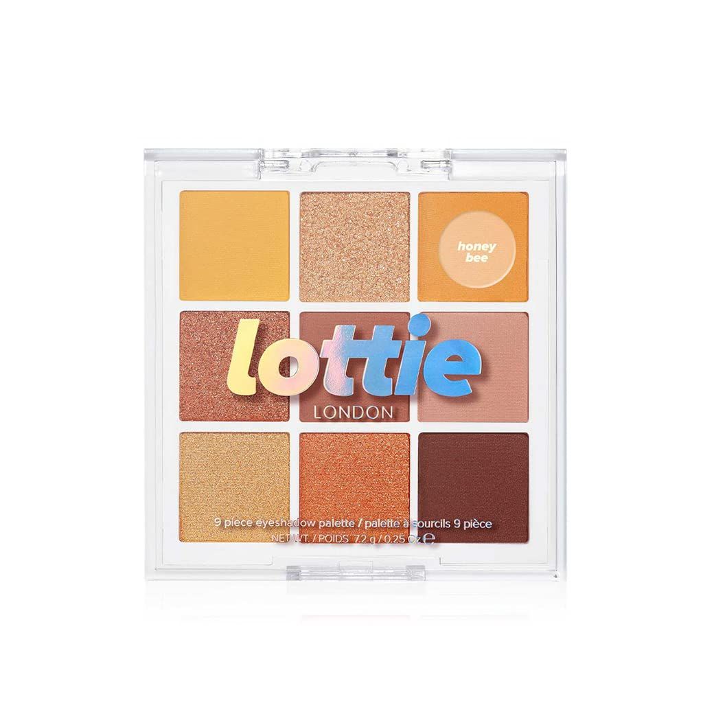 Lottie London Lottie Palette in Honey Bee, 9 shade compact eyeshadow palette in golden sunset tones and neutral shades in a mix of creamy mattes and sparkling shimmers