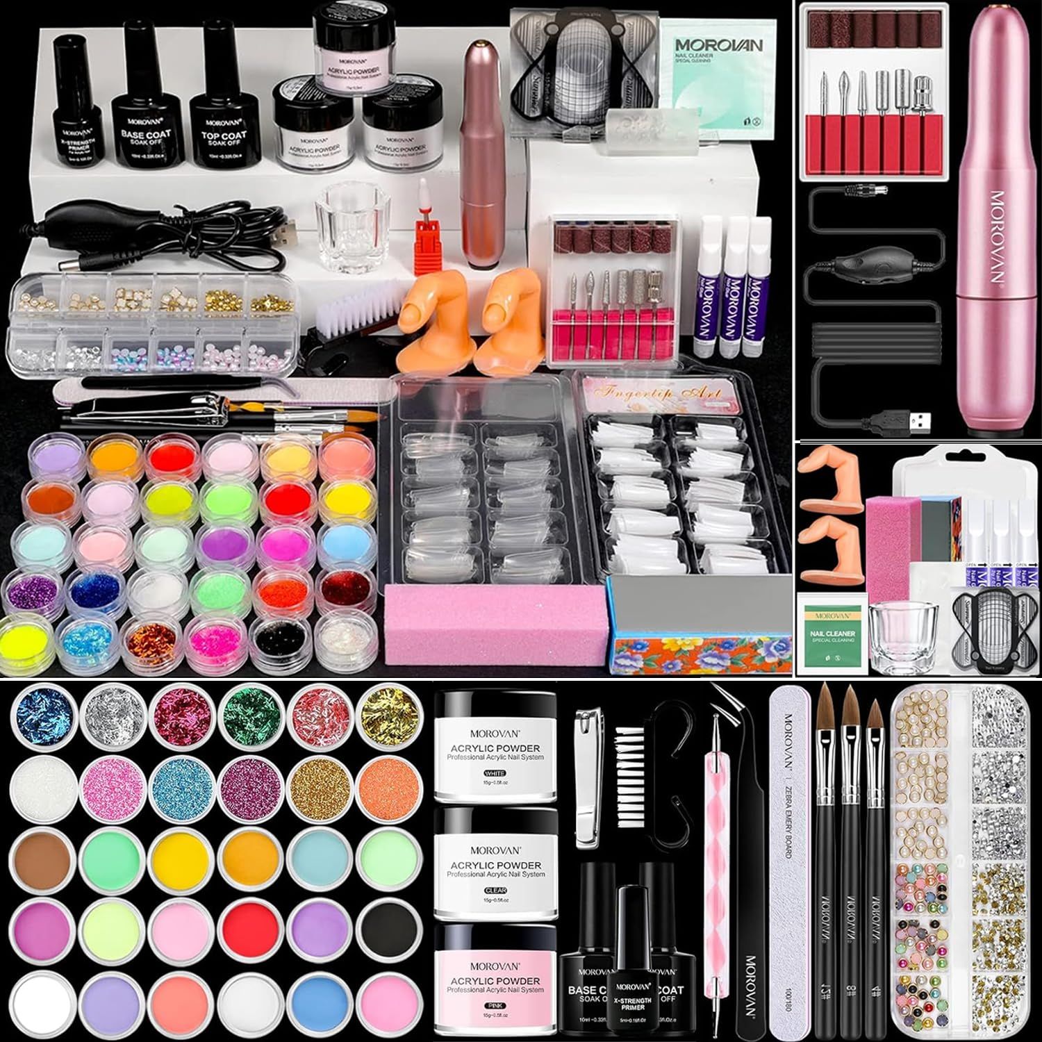 Morovan Acrylic Nail Kit for Beginners Nail Kit Acrylic Set with Professional Acrylic Powder Glitter Full Acrylic Nail Starter Kit for Nail Extensions